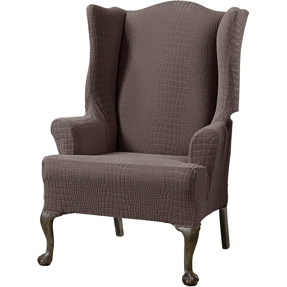 Sure Fit Stretch Crocodile Wing Chair Slipcover Chocolate Brown Washable 1-Piece